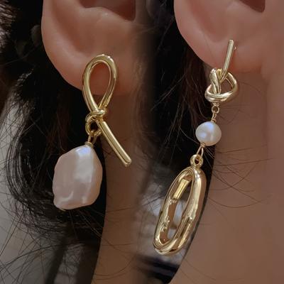 Happy Landing, French Knotted Asymmetrical Natural Freshwater White Pearl Stud Earrings Retro Irregular Beauty