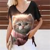 Summer Lovely Cat 3D Print T-Shirts Women Casual V-Neck Short Sleeve T Shirt Y2k Harajuku Animal Tees Loose Tops Female Clothing