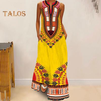 Sommer-Maxikleid, schulterfrei, ärmellos, A-Linie, Retro, farbenfroher Ethno-Stil, Druck, V-Ausschnitt, Seitentaschen, volle Länge, langes Kleid