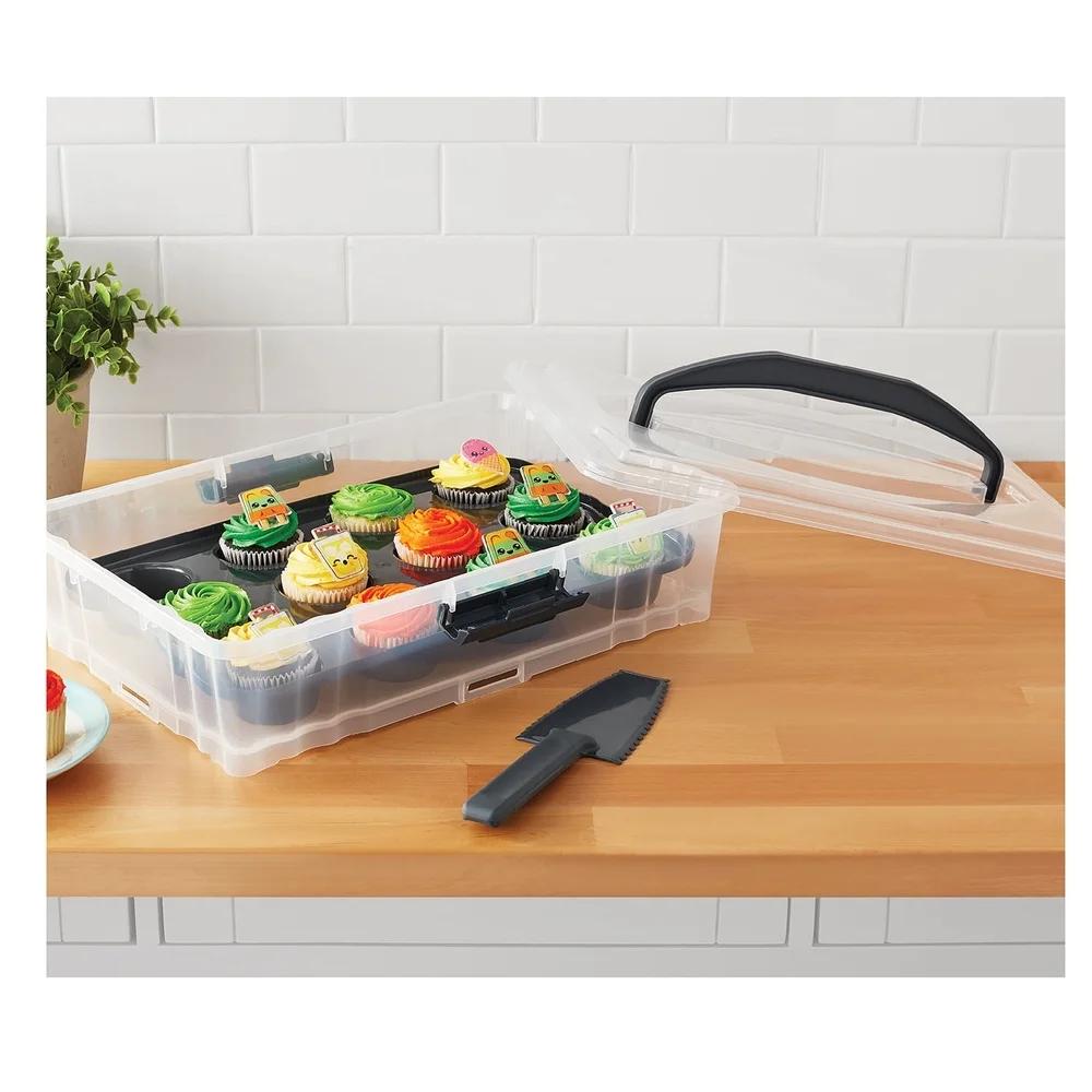 Rectangular Dessert Carrier Clear Plastic with Dark Gray Handle Secure Clasps Slice and Serve Utensil Stackable Food Storage