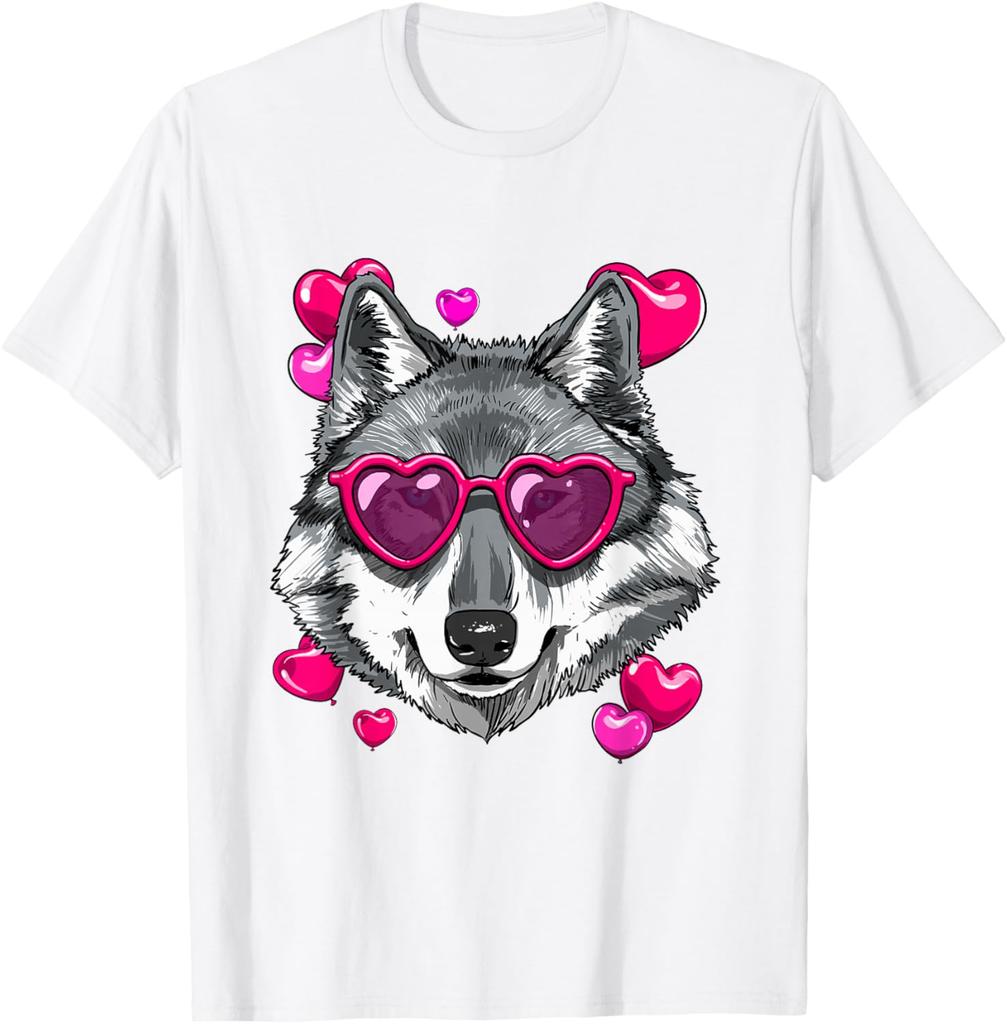 Wolf Lover Heart Sunglasses Valentine Graphic Tee Soft Casual Crewneck T-Shirt