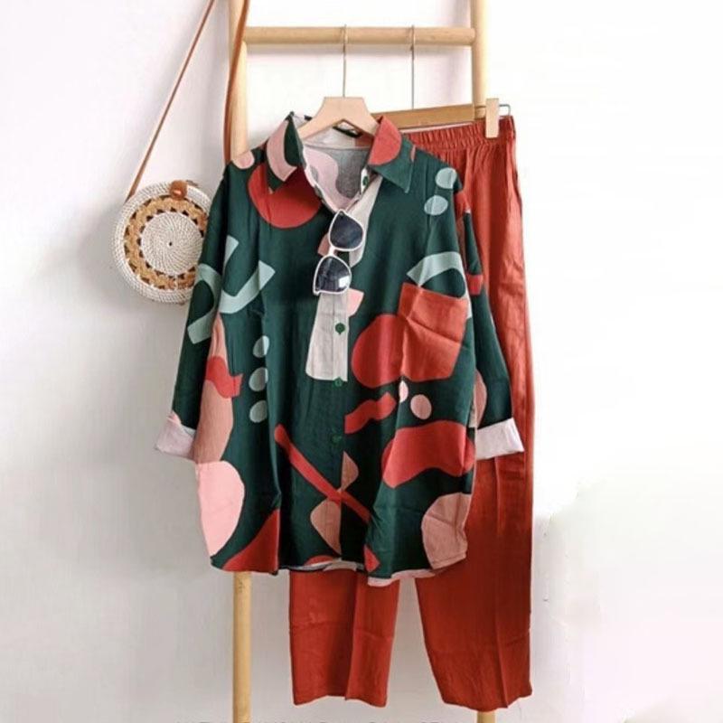 Completo due pezzi casual Primavera/Estate con colletto stampato a maniche a cinque maniche
