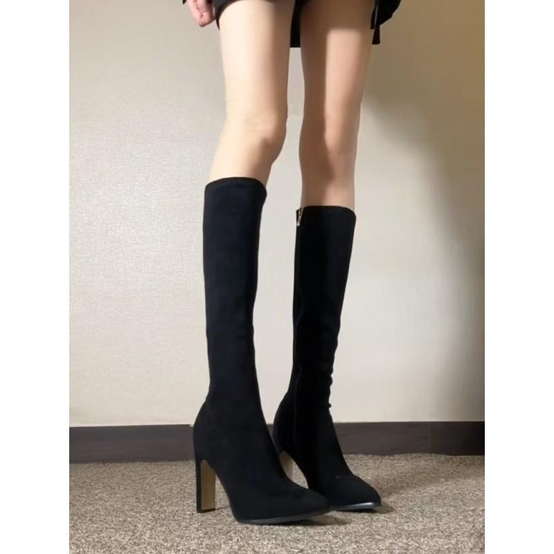 Nude high-heeled boots children's autumn and winter new but knee elastic pointed thick-heeled boots