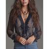 Dames V-hals Rucheboord Ritssluiting Voorkant Paisley Print Lange Mouwen Los Doorzichtig Chiffon Blouse Top