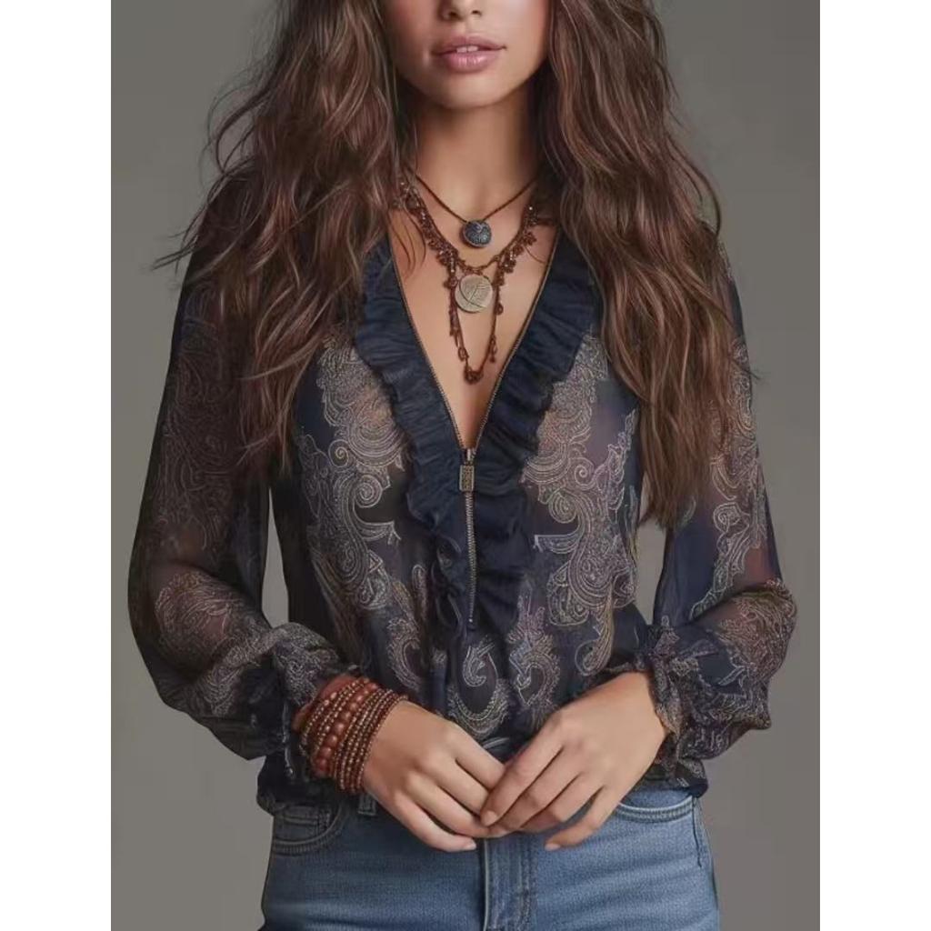 Dames V-hals Rucheboord Ritssluiting Voorkant Paisley Print Lange Mouwen Los Doorzichtig Chiffon Blouse Top