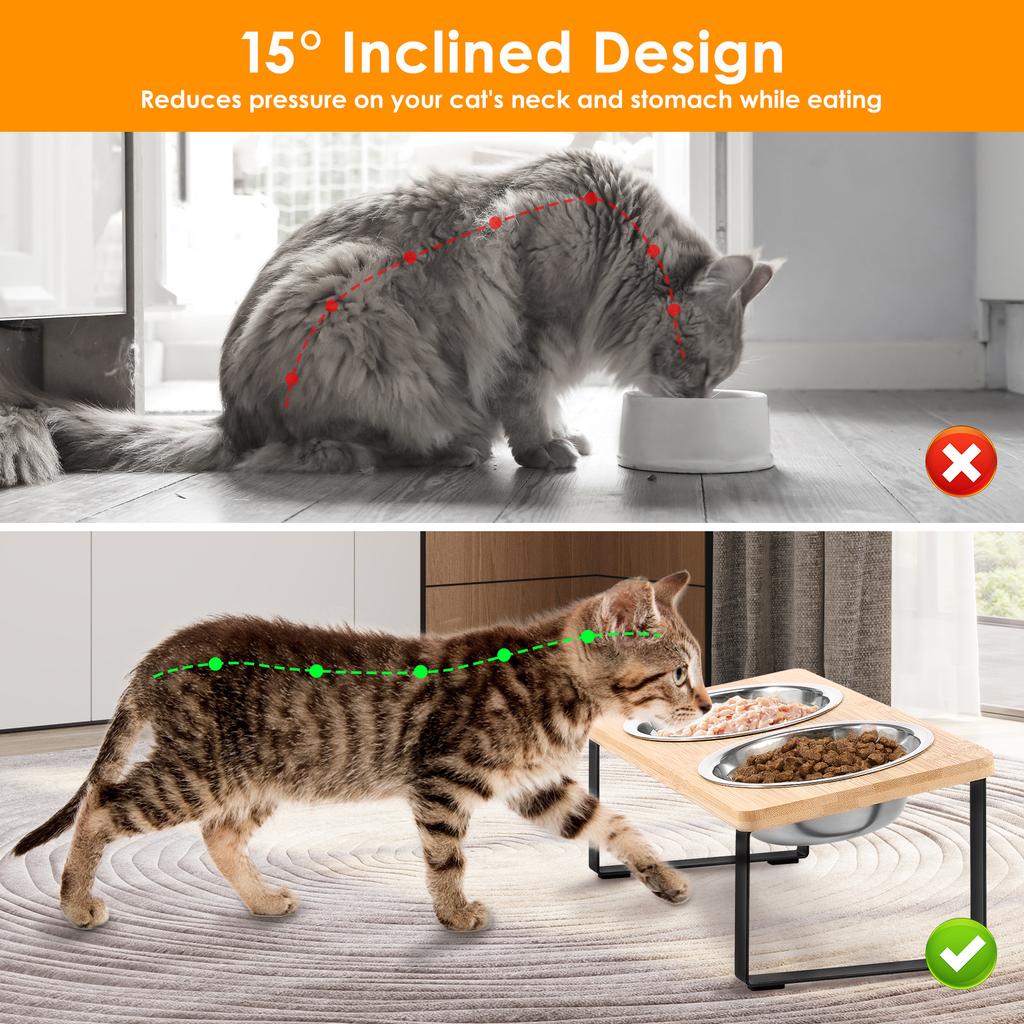 Elevated Cat Bowl Wooden 15° Tilted Raised Pet Bowl Stand with 2/3 Stainless Steel Bowl Neck Protection Dog Feeder Pet Supplies