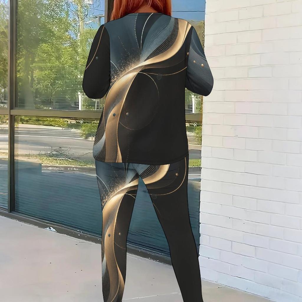 Damen Übergröße Rundhals Langarm Schwarz Gold Bedruckt Oberteil Eng Anliegende Hose Zweiteiliges Set