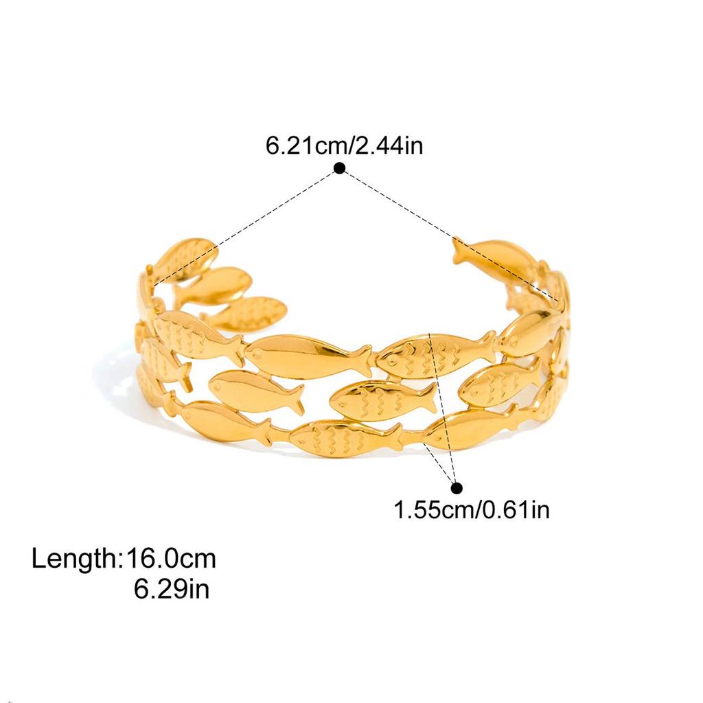 Goldenes Edelstahl Drei-Schicht-Fisch-Offen-Armreif Bangle 18K Gold PVD-beschichtet Statement Wasserdicht Handgelenkschmuck Bijoux
