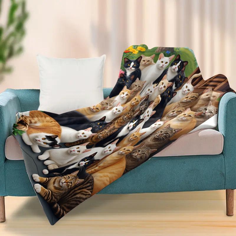 Group Cats Flannel Throw Blanket Various Breeds Cat Portrait Floral Background Sofa Blanket