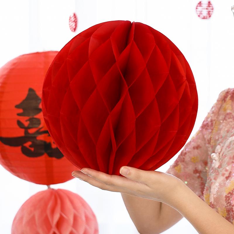 Wedding Double Happiness Garland & Lantern Set with Honeycomb Ball Columns for Background Decor