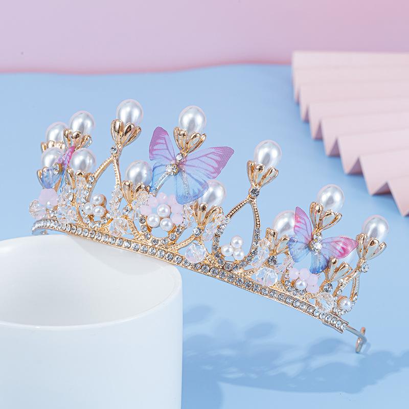 Neue Kinderkrone Perlen Schmetterlingskrone Prinzessin Gastgeberin Auftritt Modell Laufsteg Kristall Stirnband Kopfschmuck gray