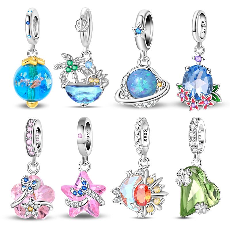 100% Stering Copper Metal Flower Heart Gem Charm Bead Components Bead Components Luminous Firefly Pendant Bead Component Compatible With Authentic