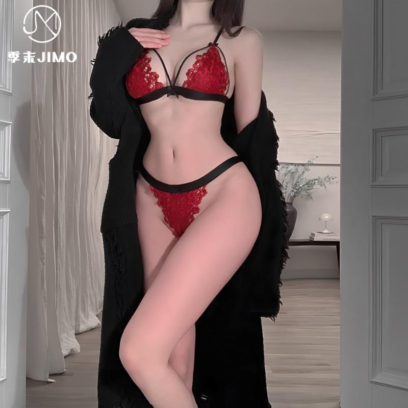 Sexy lingerie Eve's temptation * Sexy lace ultra-thin gathering bow string empty bra set deep V string empty bra