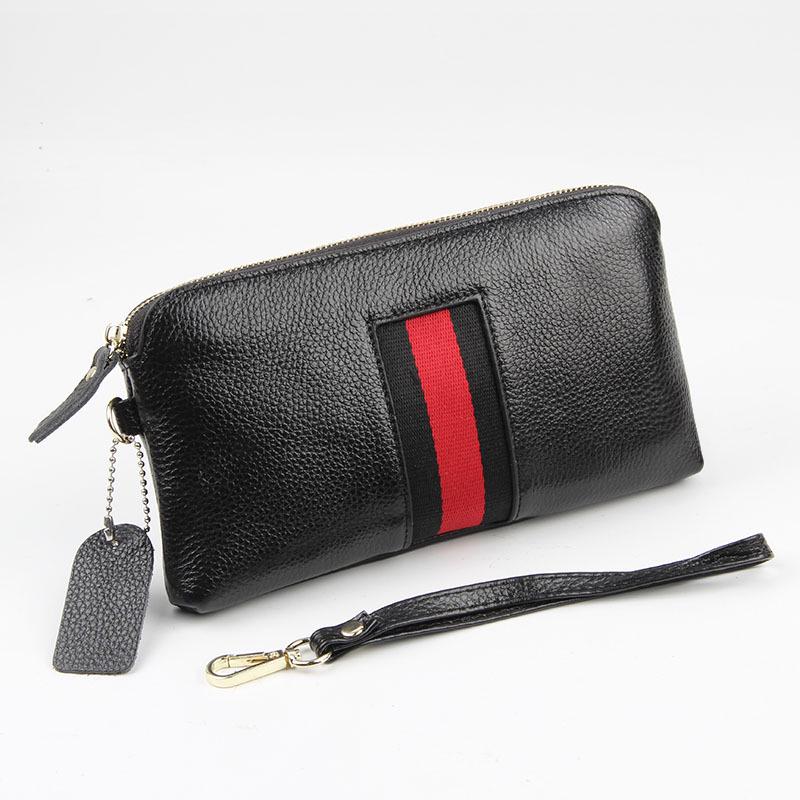 

Женский кошелек из коровьей кожи с верхним слоем - натуральная мягкая кожаная сумочка на молнии и держатель для мобильного телефона чёрный