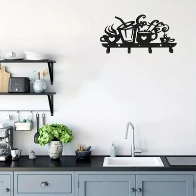 Wall-Mounted Metal Coffee Cup Rack with Key Hooks and Decorative Coffee Sign for Kitchen and Bar Organization