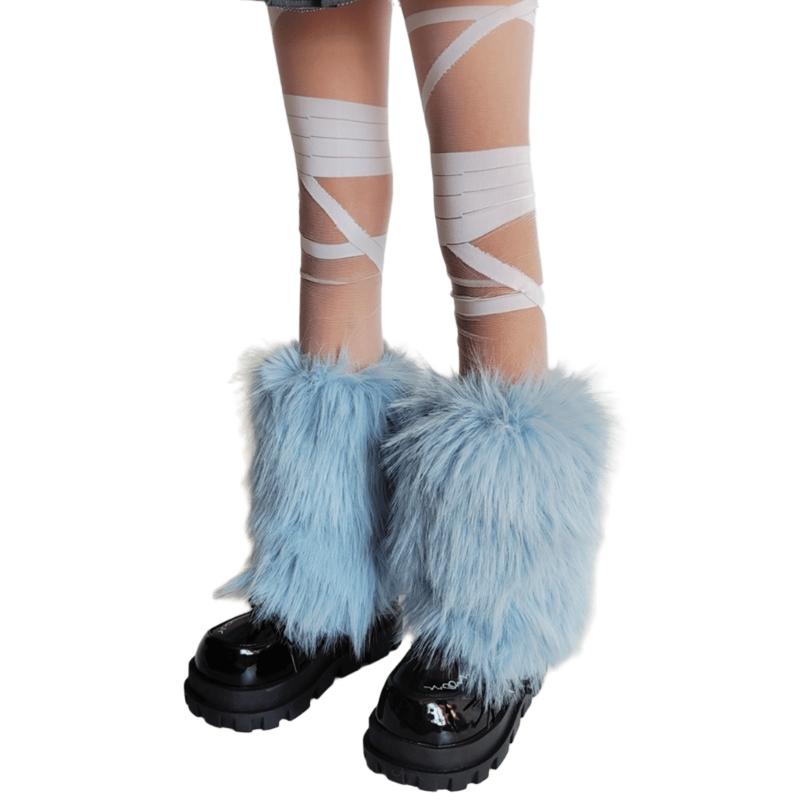 Plush Furry Leg Warmers for Women Cozy Winter Boot Toppers Thermal Warm Blue Fuzzy Foot Covers Footless Socks Gaiters