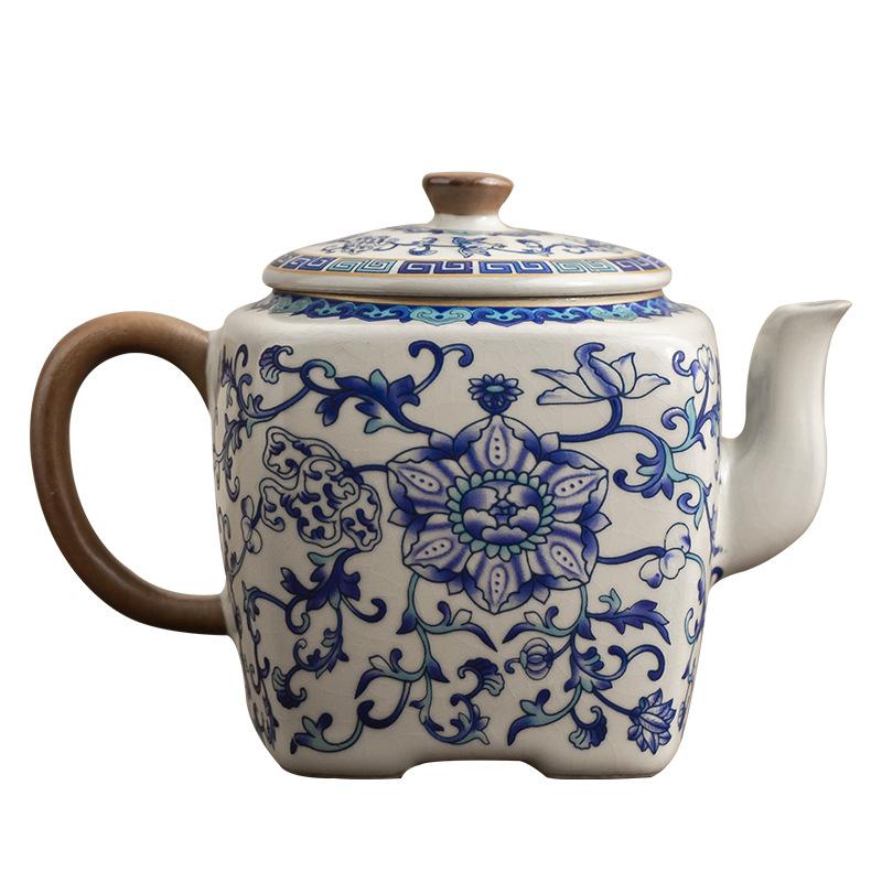 Blue and white Ru kiln square pot can be raised open ceramic office light luxury handmade tea brewer Kung Fu tea set high-end pot