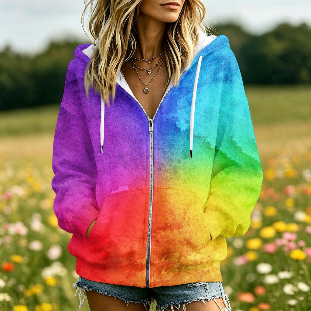 Damen Lässige Kapuzenjacke mit Aufdruck, Langarm, mit und Taschen, Lockere Passform