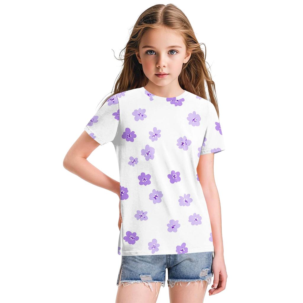 Top Casual Fashion Soltinho com Estampa Floral Fofa, Gola Redonda e Manga Curta para Crianças