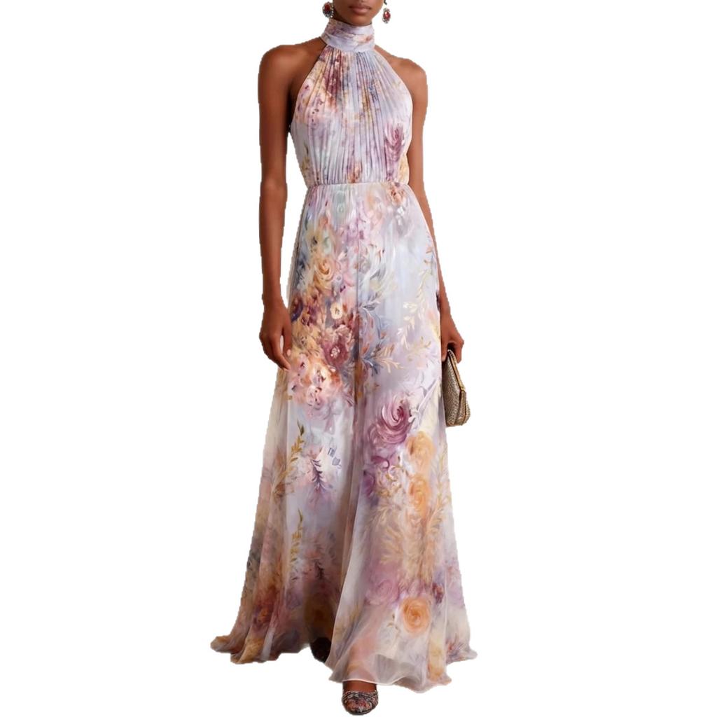 Spring New Neck Printing Long Dress Femininity Sleeveless Dress Banquet Evening Dress Elegant Chiffon Dress