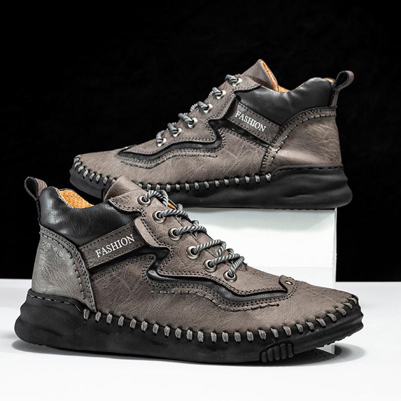 Mens Leather Boots Autumn Winter Vintage Handmade Sewing Soft Business Flat Casual Shoes Daily Comfortable Durable Walking Shoes