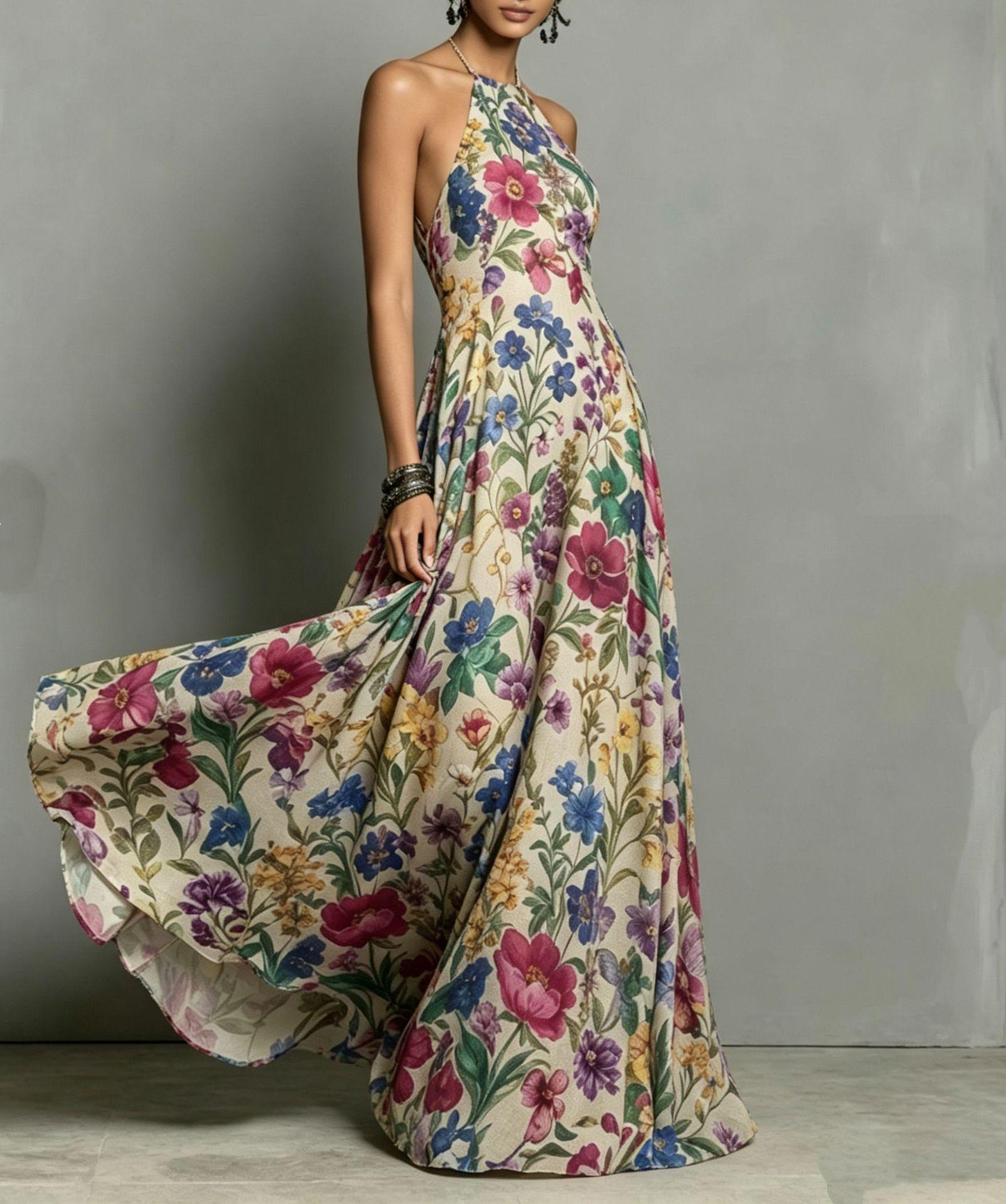 Women Halter Neck Floral Print Maxi Dress Elegant Sleeveless A Line Backless Evening Party Dress S