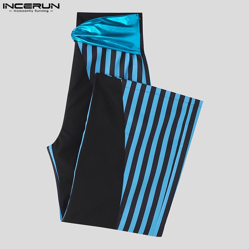 INCERUN Two-piece Men Long Sleeve Striped Mesh Sheer Crop Tops Bow Elastic Waist Pants Sets