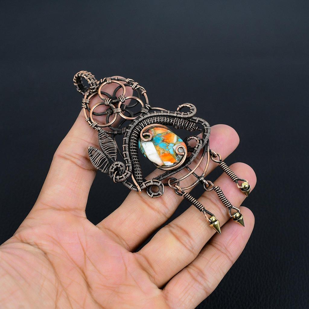 Orange Spiny Oyster Pendant, 999 Copper Wire Wrapped Gemstone Jewelry, Handmade Pendant Amazing Jewelry, Gift For Her