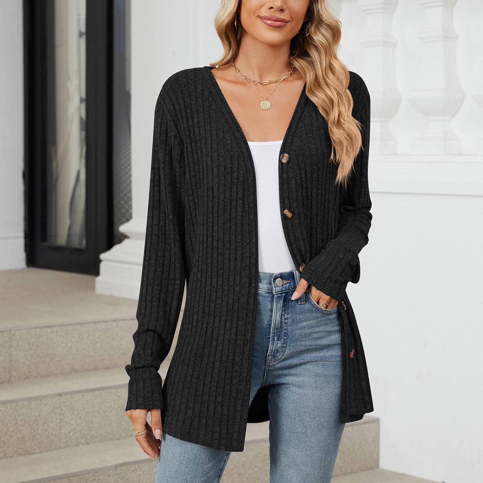

Женская модная повседневная однотонная куртка-кардиган на пуговицах с длинными рукавами S чёрный