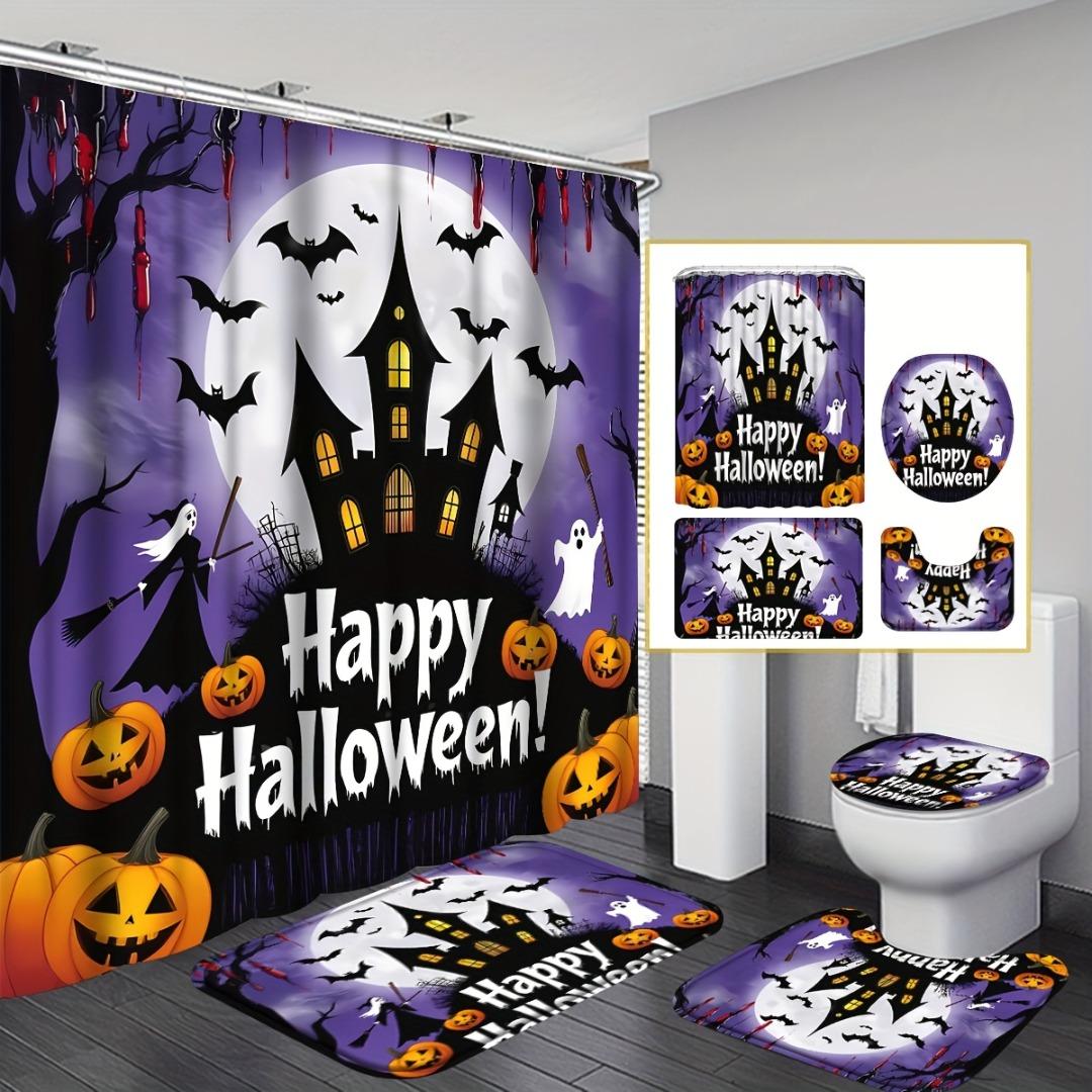 1/4Pcs Halloween Decoration Purple Sky Castle Pattern Shower Curtain Bathroom Decor Halloween Decoration Indoor Shower Curtain Only90x180curtain