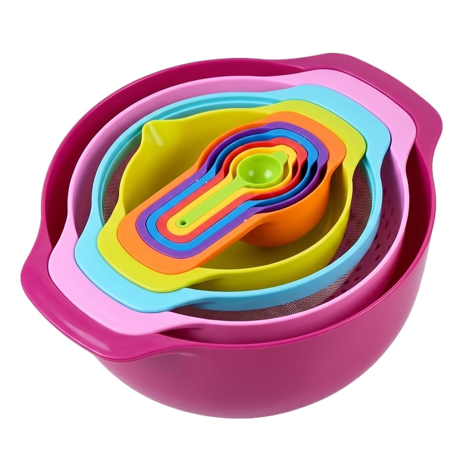 

8 Piece Plastic Mixing Bowl Set with Colander Measuring Cups Measuring Spoons Flour Sifter and Salad Bowls for Kitchen Cooking and Baking One Size