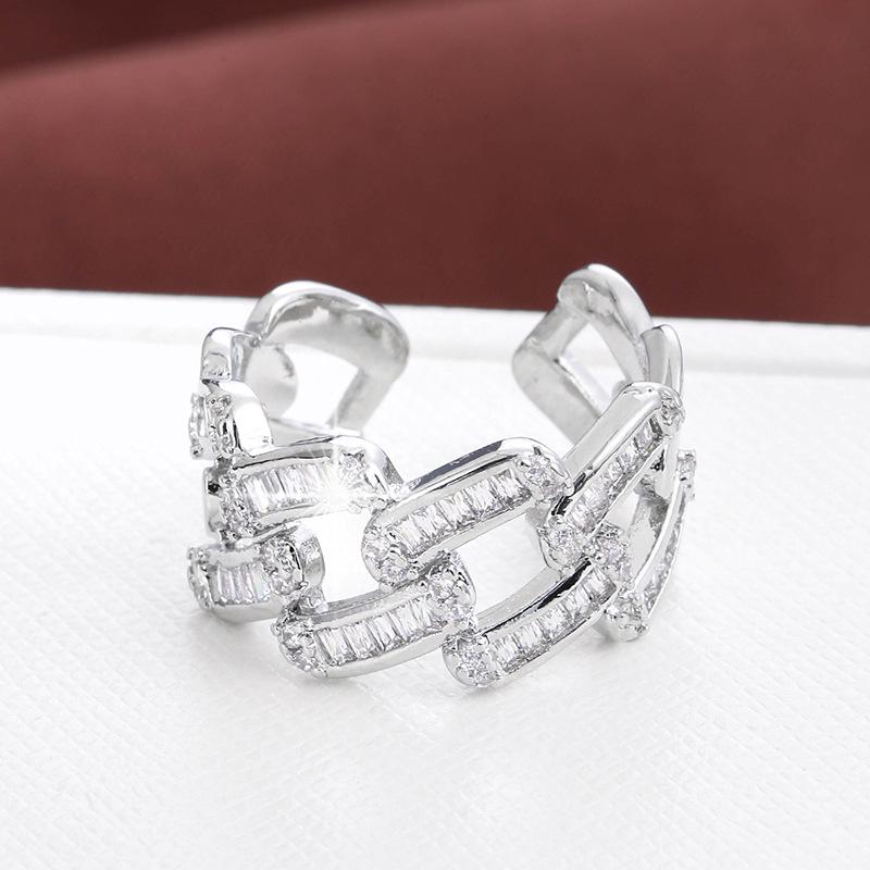 Elegant Open Adjustable Zircon Pinky Ring: Luxurious Full Diamond Chain Design In High-End Copper
