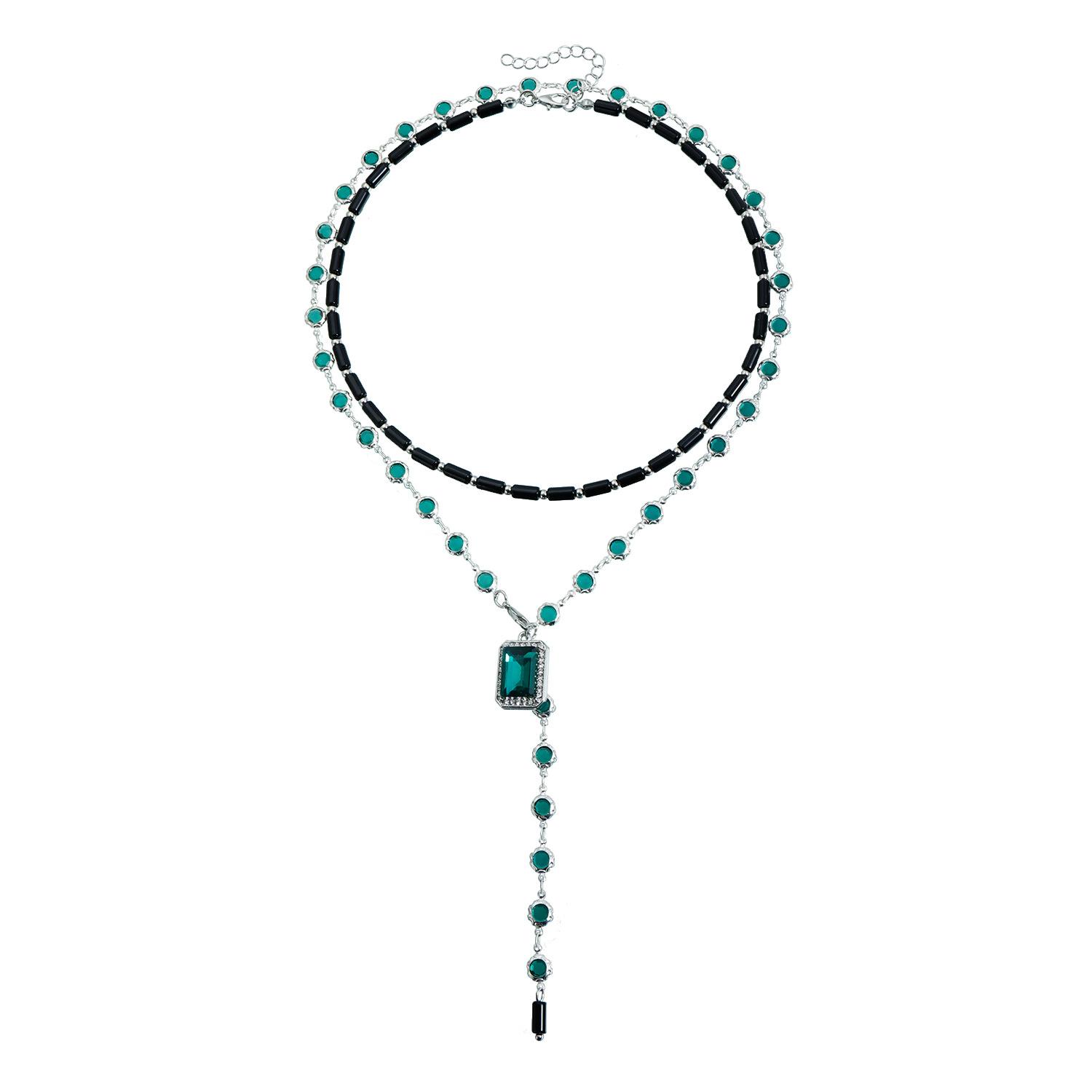 Design emerald square tag necklace retro black bead double layer stacked sweater chain