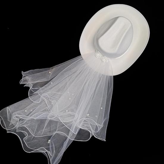 Pălărie Mireasă Stil Western Bor Larg Tivit Decorațiuni Perle Faux Textură Moale Decorează Accesorii Costum Pălărie Cowgirl pentru Femei cu Voal pentru Festival