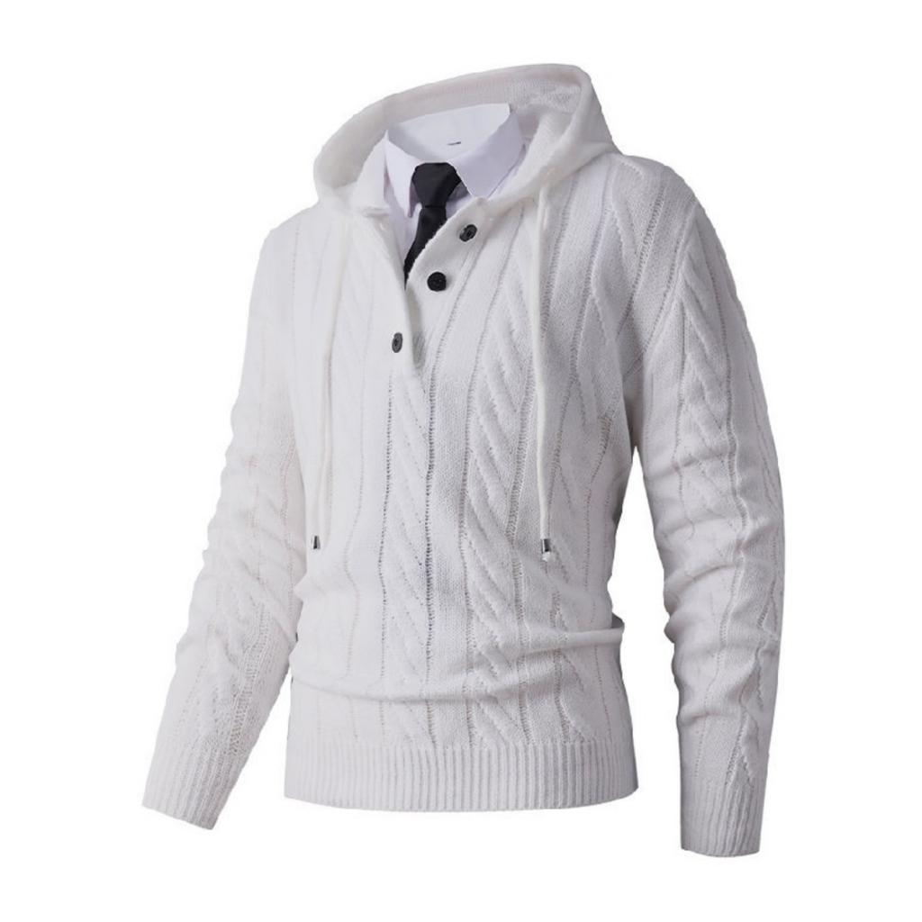 Men's Solid-color Casual Long-sleeved Hooded Pullover, Men's Button Collar Embossed Texture Warm Knitted Sweater