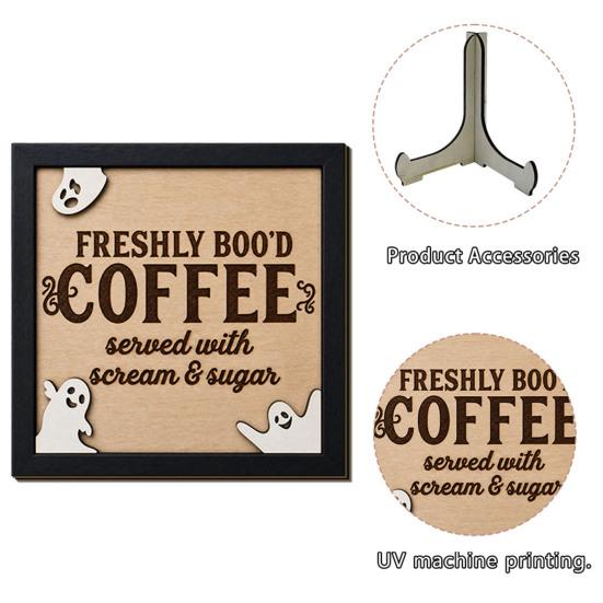 Holiday Atmosphere Home Decor Halloween Wooden Coffee Photo Frame, Retro Distressed Sign for Decorative Holder Countertop Decor, Rustic Autumn