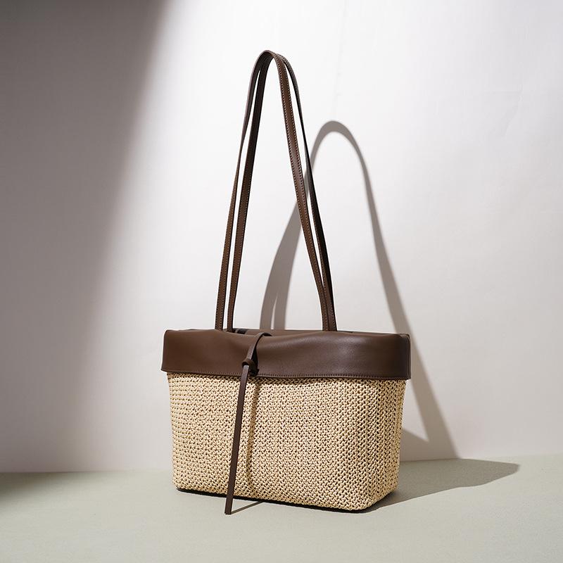 Large capacity straw woven color matching handbag bag women's casual color contrasting woven tote bag beach bag