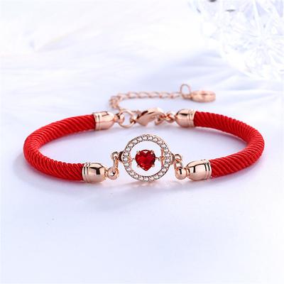 Gevlochten Rood Touw Armband Dames Diamanten Hartvormige Armband Modieus Persoonlijkheid Ontwerp