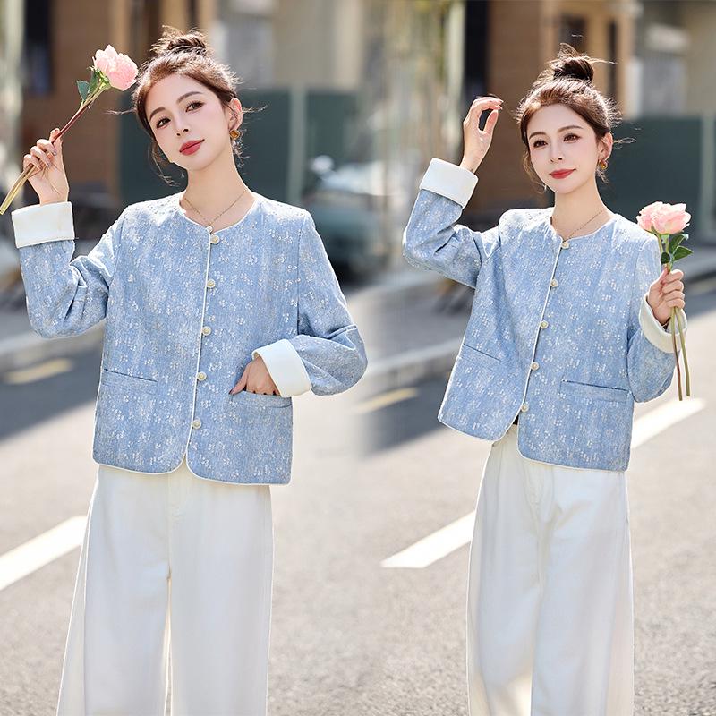 

Женская куртка ретро с пайетками и круглым вырезом, весна 2025 HE5011 L (approx. 62-70kg) светло-синий