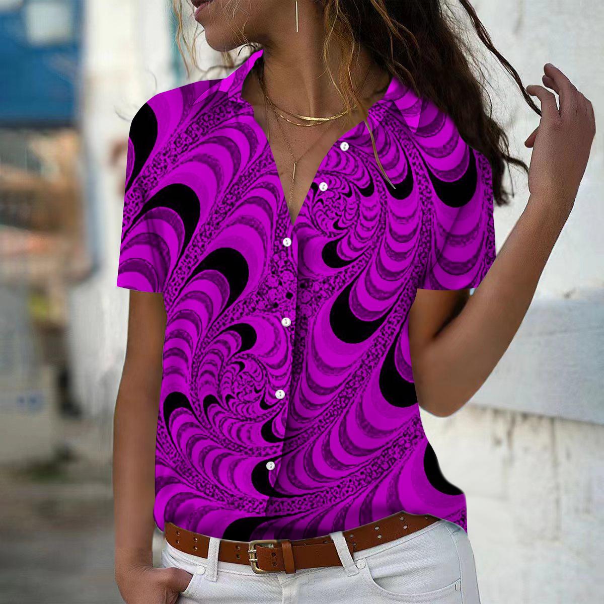 

2025 Summer New Fashion Women s Retro Printed Short Sleeve V-neck Casual Button-down Shirt Top XS фіолетовий
