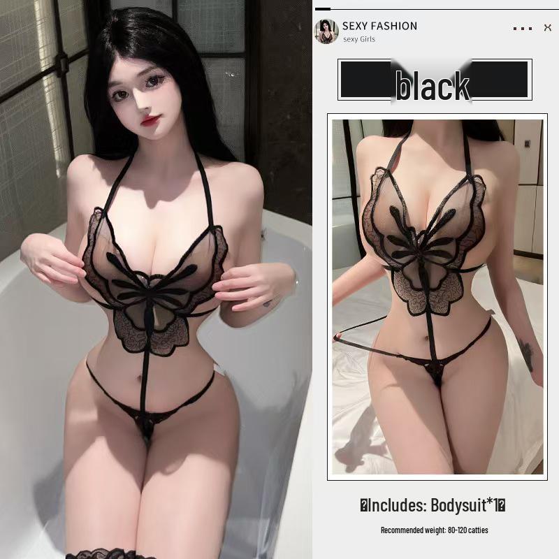 Butterfly Cutout Sexy Embroidered Sheer Bodysuit with Open Crotch and Tie-Up
