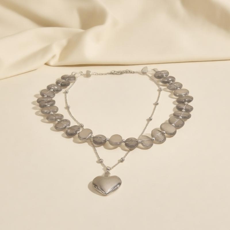Fashionable Double Layer Beaded Necklace Vintage Irregular Heart Pendant Clavicle Chain Jewelry For Women