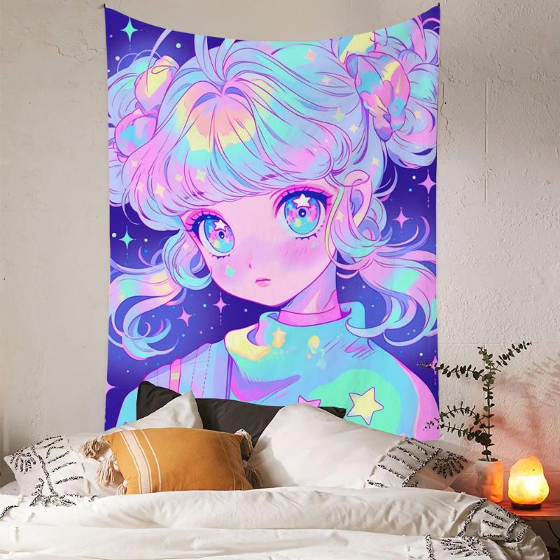Neon Elf Anime Girl Tapestry, Psychedelic Aesthetic Wall Hanging, Iridescent Art for Bedroom Dorm Home Decor 100X70CM