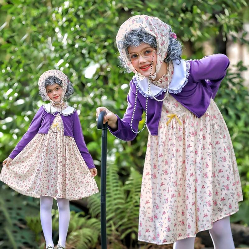 100 Day of School Cosplay Costume Set Kids Old Lady Costume Accessories Faux Pearls Necklace Glasses Crutch Floral Dress