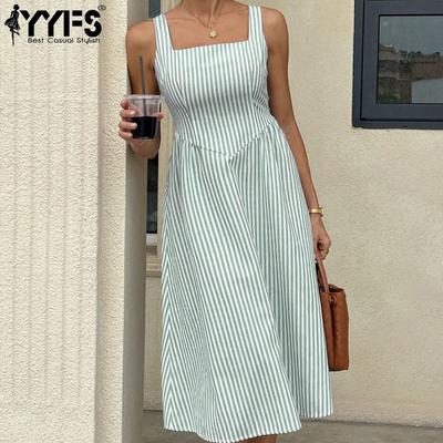 Women's Fashion Summer Spring Stripe Print Sleeveless Square Collar High Waist Casual Dresses