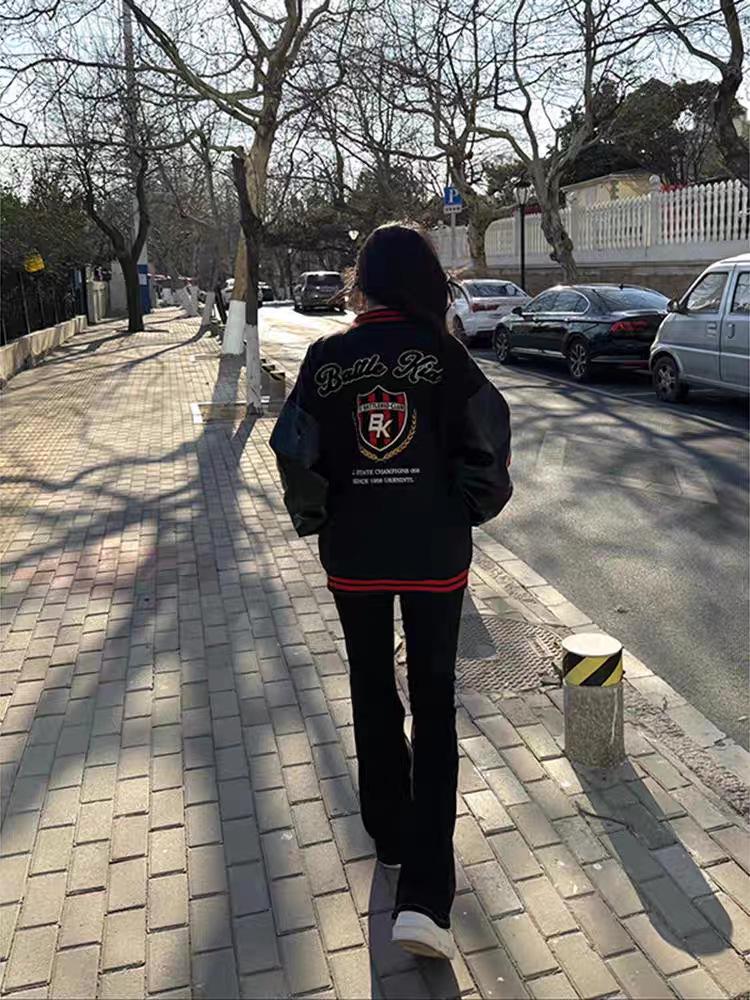Women's 2025 Trendy Embroidered Baseball Jacket with Leather Sleeves