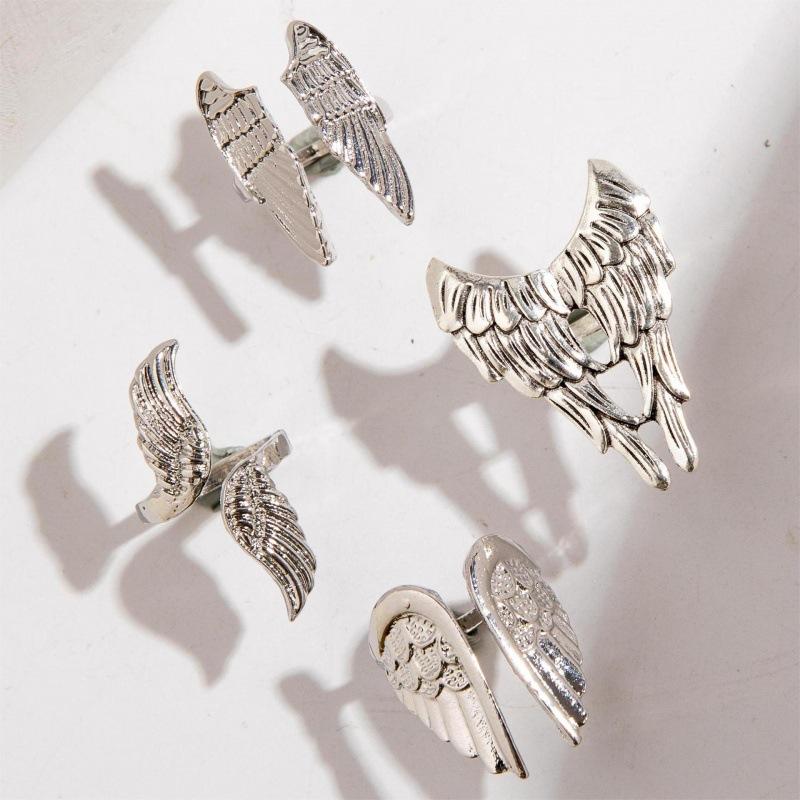 Punk style geometric angel wing ring, retro feather wing multi-joint ring four-piece female set