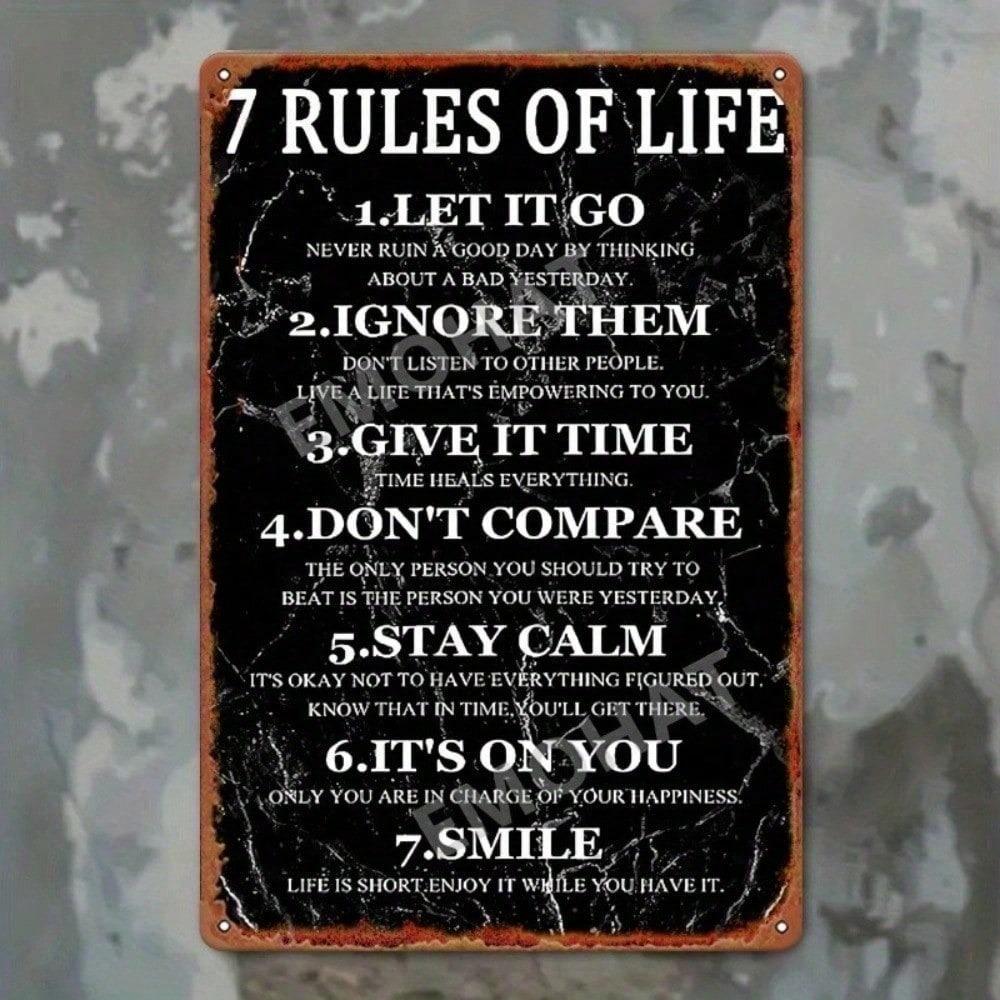Metal Sign Seven Life Rules 16x12 Inch Vintage Tin Plaque Wall Art Decor Home Office Man Cave