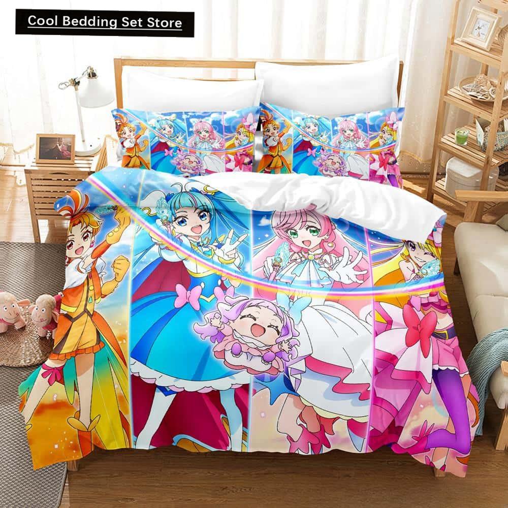 3D Kawaii Anime Hirogaru Sky! Pretty Cure Bettwäsche-Set, Einzelbett, Doppelbett, Queen-Size-Bett, King-Size-Bett, Erwachsenen- und Kinderschlafzimmer, Bettbezug-Sets