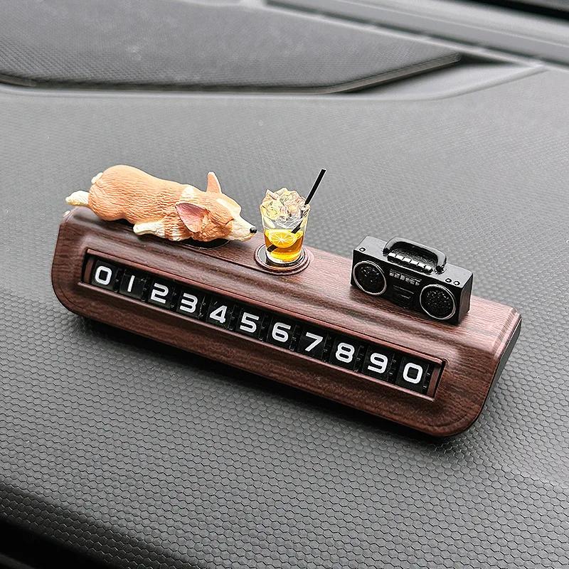 Cute Corgi Move Car Phone Tag Premium Wood ain Temporary Parking Number Plate Window Breaker Car Interior Accories